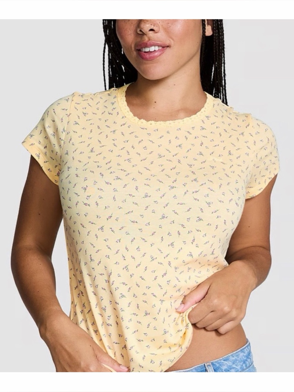 PINK • Victoria's Secret Yellow Floral Lace Trim 100% Cotton Crewneck Tee, L